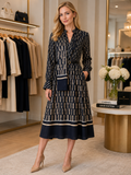 Elegant Navy Print Midi Dress