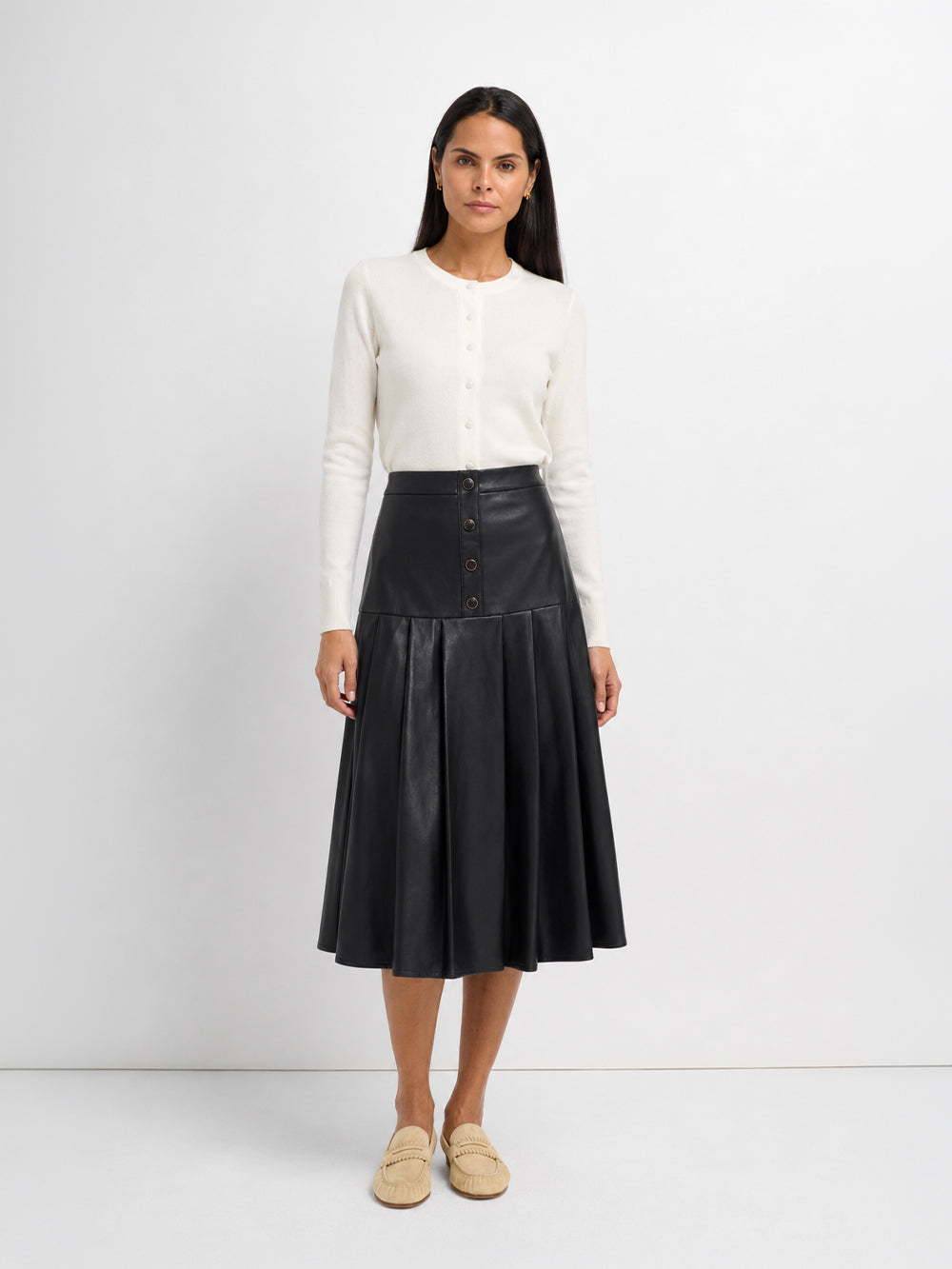 Yoke Faux Leather Pleat Skirt - Black