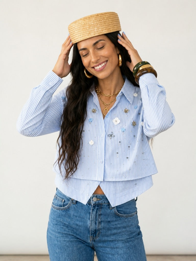 Radiant Striped Rhinestone Blouse