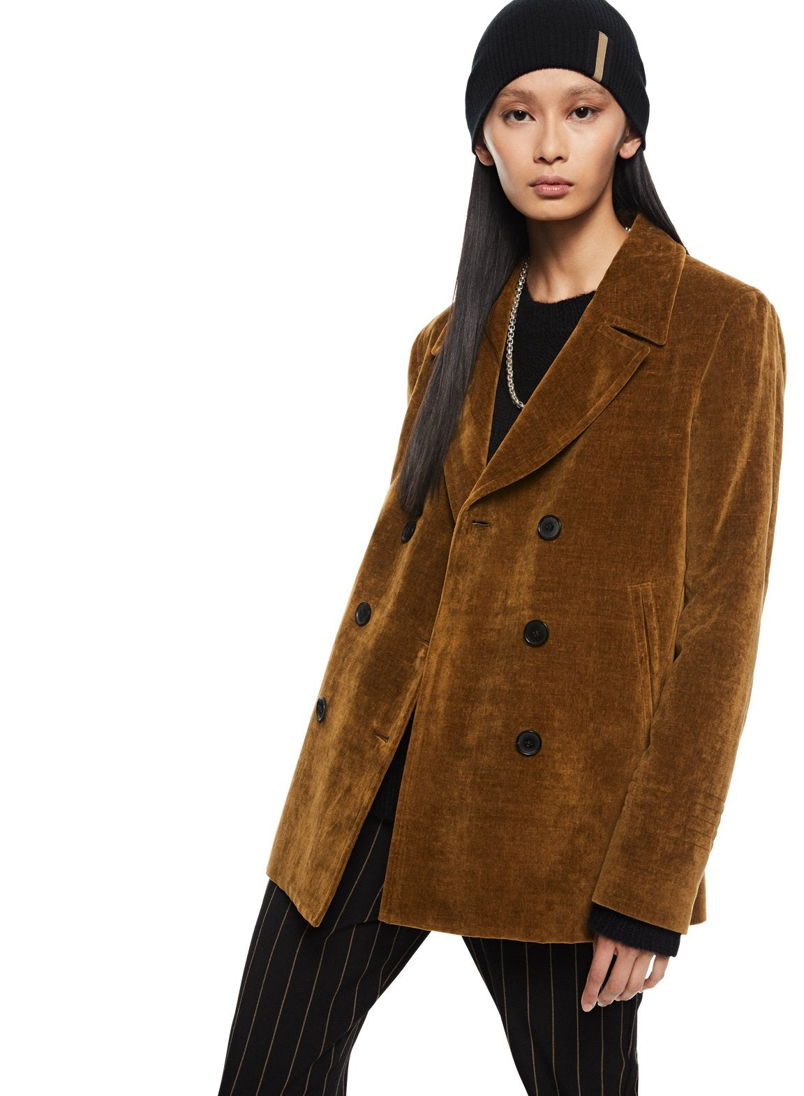 Linen-Blend Velvet Peacoat