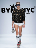 Women's Black Leather Bomber Jacket Gold Studded BYMANYC ® New York CONTEMPORARY VIBRANT MODERN OUTERWEAR - New Collection